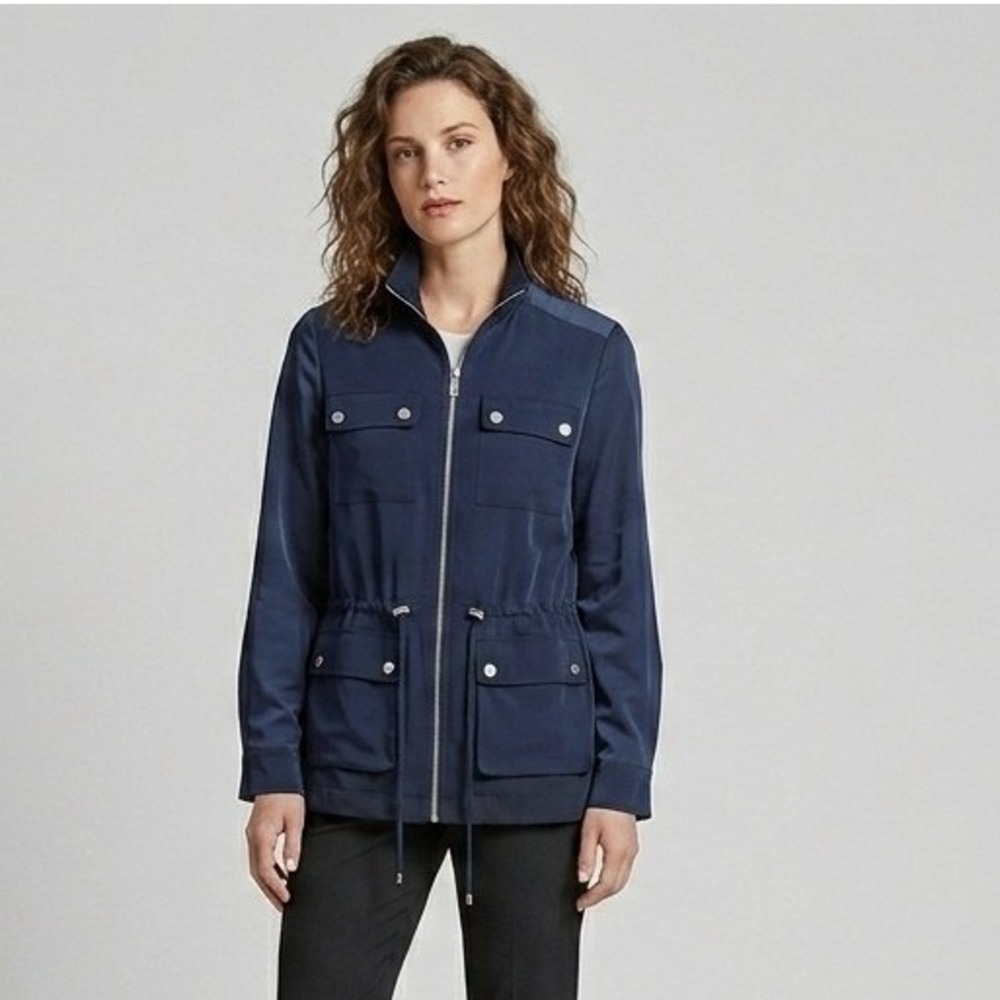 Calvin Klein Womens Navy Blue Utility Safari Jacket Full Zip Drawstring XS